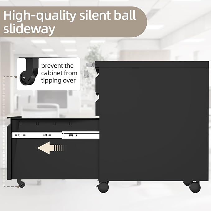 3 Drawer File Cabinet with Lock, Black Mobile File Cabinets for Home Office,Under Desk Small Filing Cabinet, Rolling File Cabinet for A4/Letter/Legal