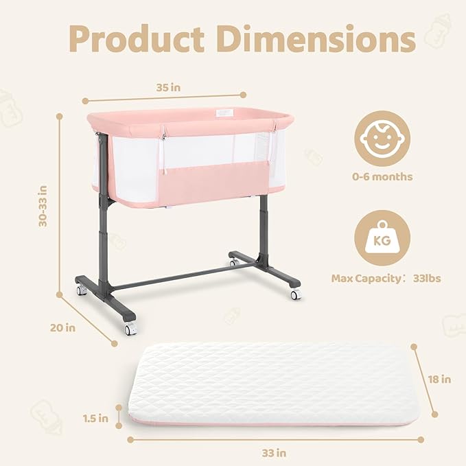 Kinder King Baby Bassinet w/Wheels, Folding Portable Newborn Bedside Sleeper, All-Sided Mesh Infant Crib, Adjustable Height, Removable Soft Mattress, No Tool to Assemble, Pink