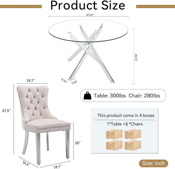 Goujxcy Round Dining Table Set for 6, Modern Glass Kitchen Table and Chairs Set of 6, 7-Piece Dining Room Table Set w/47 Circle Silver Glass Dining Table and 6 Upholstered Velvet Chairs