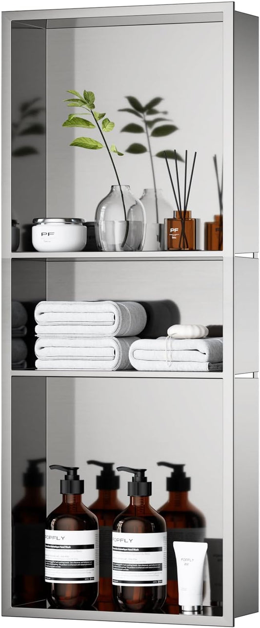 POPFLY No Drill Brushed Nickel Shower Niche 12"x30", Stainless Steel Recessed 3-Layer Shelf - No Tile Needed Waterproof Bathroom Wall Niche Insert Storage Organizer