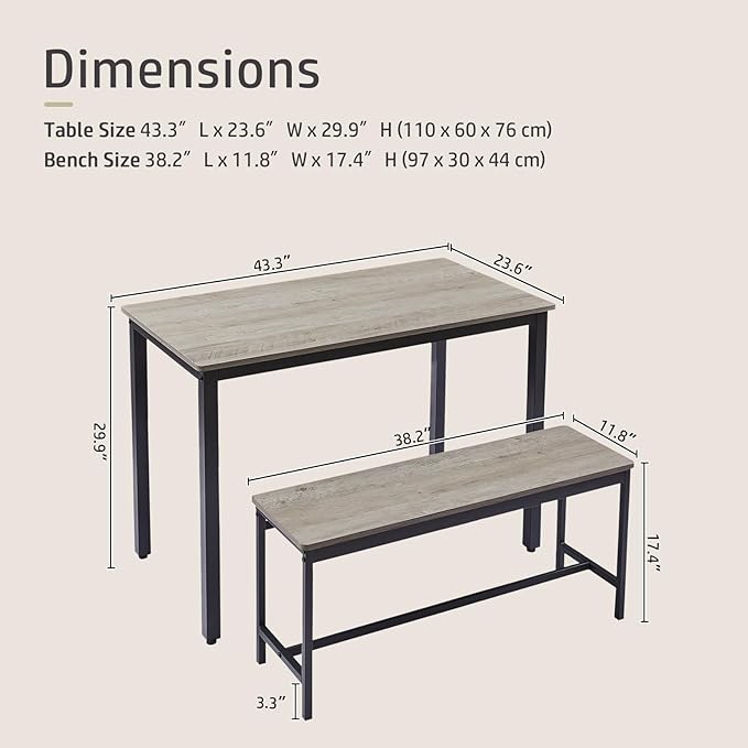 NicBex Dining Table Set for 4, 3 Piece Farmhouse Kitchen Table with 2 Benches, Small Breakfast Nook Table Set for Kitchen or Dining Room Grey