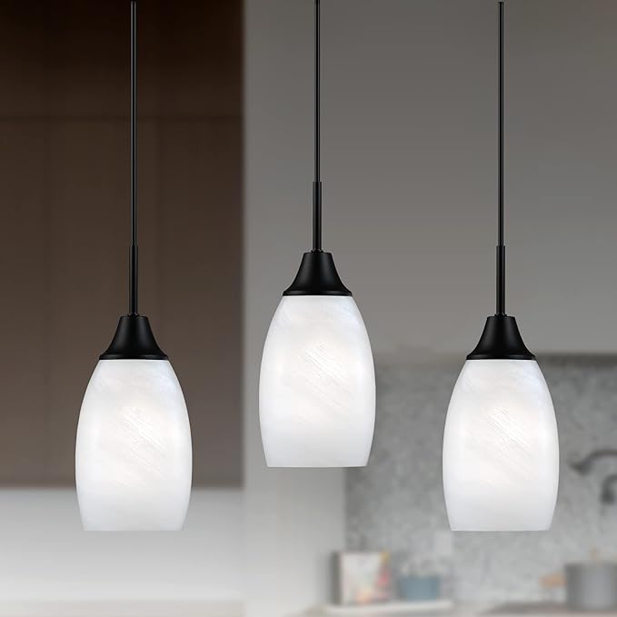 Mini Glass Pendant Light,4.72" Black White Hanging Lights 3-Pack Handblown White Oval Art Glass Hanging Pendant Light for Kitchen Island,Dining Room,Living,Foyer,Hallway, Entry