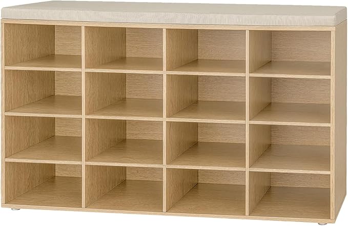 DINZI LVJ Shoe Storage Bench with Cushion, 16-Cubby Shoe Rack, Adjustable Shelves, 40.9" Long Shoe Organizer Bench for Entryway, Mudroom, Hallway, Garage, Natural and Cappuccino Beige
