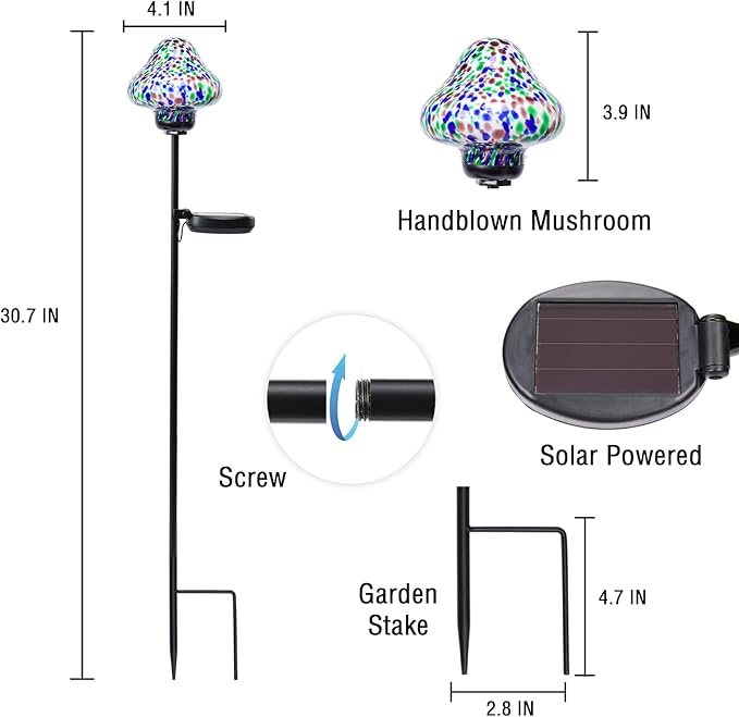 Bshine Mushroom Solar Outdoor Lights, Mosaic Mushroom Solar Lights Hand-Blown Glass Waterproof Metal Stakes Decorate Garden, Outdoor Yard Decor Backyard, Pathway, Porch and Lawn Ornaments 2 Pack