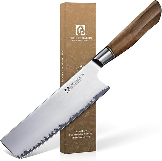 Purple Dragon Nakiri Knife, 7 Inch Meat Cleaver, German Vg10 Steel Japanese Kitchen Knife for Meat Cutting Chopping Dicing Vegetables, Ergonomic Wooden Handle, Gift Box