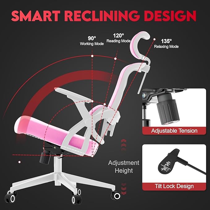 Ergonomic Office Chair - 400LB Comfy Desk Chairs with Headrest and Back Support, Heavy Duty Mesh Computer Chairs with Wheels and Arms for Home Office, Study, Bedroom and Dorm (04Pink)