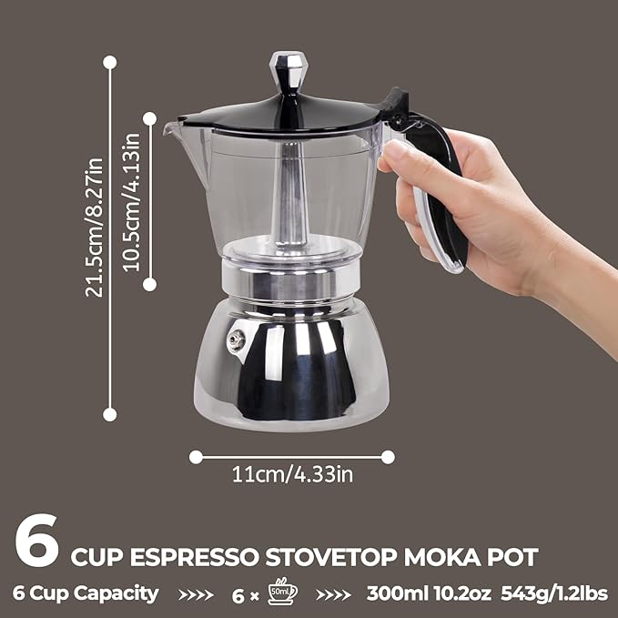Clear Plastic Moka Pot 6 Cup 300ml Stainless Steel Coffee Maker Uncoated Stovetop Espresso Coffeemaker Italian Classic Style Brewing Greca Cafe Mocha Machine for Cafeteras Camping Travel Home Use