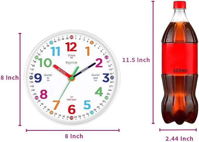 Wall Clock for Kids Learning to Tell Time Non Ticking Battery Operated Kids Teaching Clock Small Teaching Time Clock Decorative for Kids Room Classroom School (8 Inch)