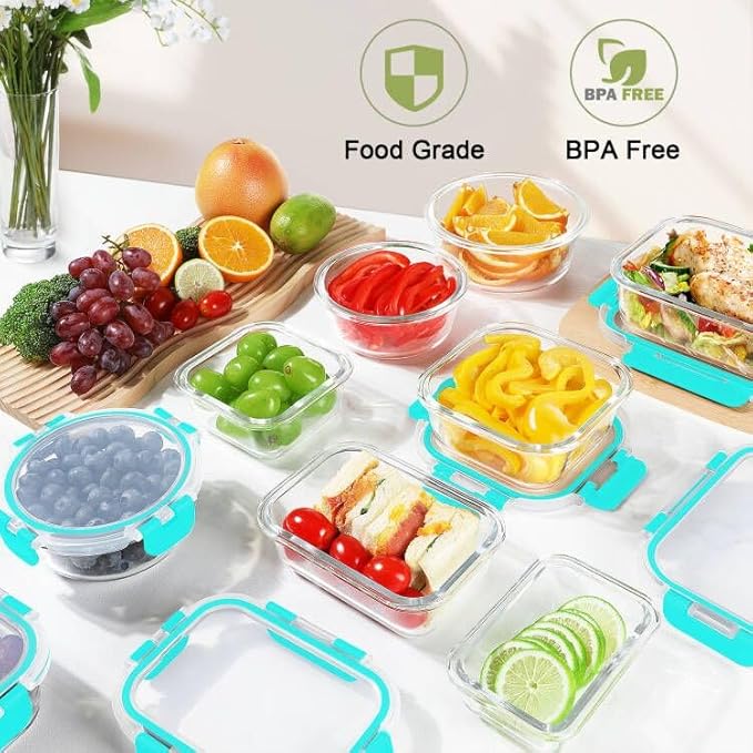 BAYZZ 24 Piece Glass Food Storage Containers with Lids, Airtight Glass Meal Prep Containers for Kitchen, BPA-Free Lunch Box, Microwave and Freezer Safe,Green