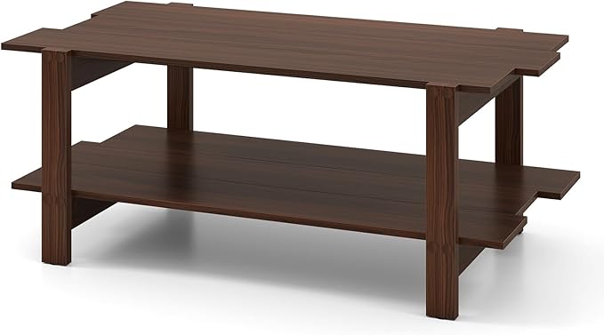 GOFLAME Wood Coffee Table with Storage, 2-Tier Irregular Center Table with Open Storage Shelf, Modern Accent Tea Table for Living Room, Home Office, Reception Room (Walnut)