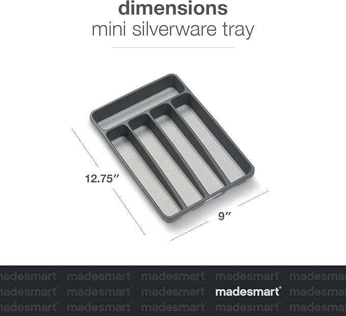 madesmart Classic Mini Silverware Tray, Soft Grip, Non-Slip Kitchen Drawer Organizer, 5 Compartments, Multi-Purpose Home Organization, BPA Free, Granite