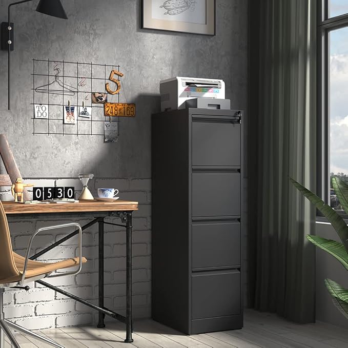 4 Drawer File Cabinet,Metal Filing Cabinets with Lock,Black Vertical File Cabinet for Home Office,Heavy Duty Metal Storage Cabinet for A4/Letter/Legal Size File,Assembly Required