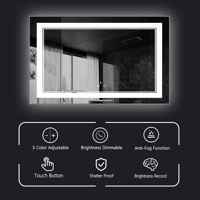 48" x 30" LED Bathroom Mirror Wall-Mounted Anti-Fog Mirror Bathroom Mirror with Lights LED Vanity Mirror Dimmable Lighted Mirrors