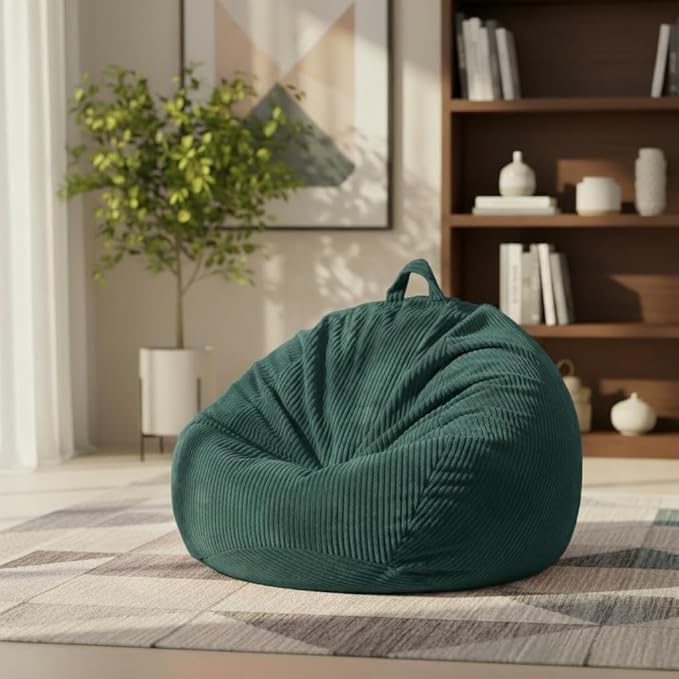 Stuffed Animal Storage Bean Bag Chair Cover, Cover Only (No Filler), Corduroy Toy Organizer Floor Cushion Seat, 48 in/120 cm Slipcover for Teens & Adults,Green