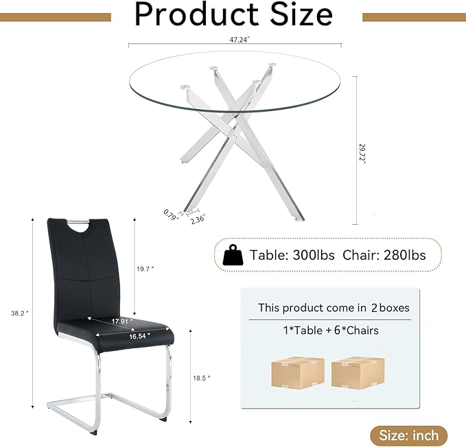 Goujxcy Round Dining Table Set for 6, Modern Glass Kitchen Table and Chairs Set of 6, 7 Piece Dining Room Table Set with 47" Circle Silver Metal Glass Dinner Tables and 6 Black Leather Dining Chairs