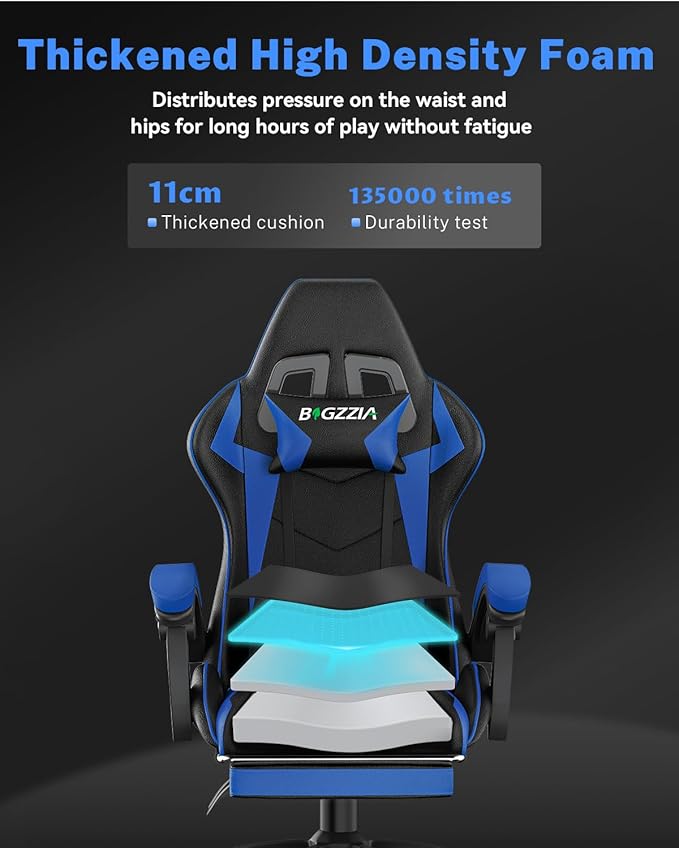 Gaming Chair with Footrest, High Back Ergonomic Computer Gamer Chair with Headrest and Lumbar Support, Racing Style Reclining Game Chair for Adults, Kids (Blue-Black)