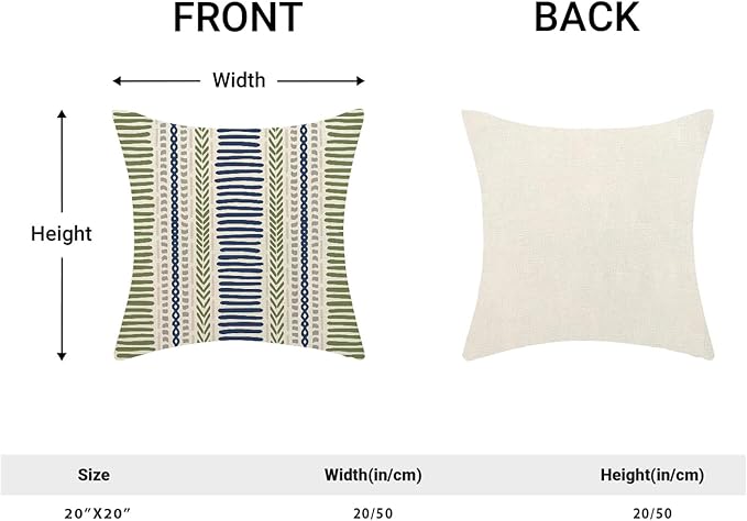 Boho Pillow Covers 20x20 Inch Set of Blue Sage Green Stripes Throw Pillow Covers Outdoor Decoration, Abstract Modern Bohemian Farmhouse Linen Decorative Cushion Cover for Home Decor Sofa Couch