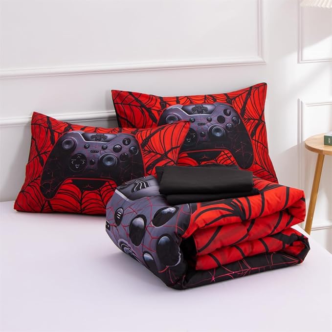 NTBED Game Console Comforter Set for Boys Girls Kids Spider Web Gaming Lightweight Microfiber Gamer Bedding Sets (Red, Twin 5Pcs)