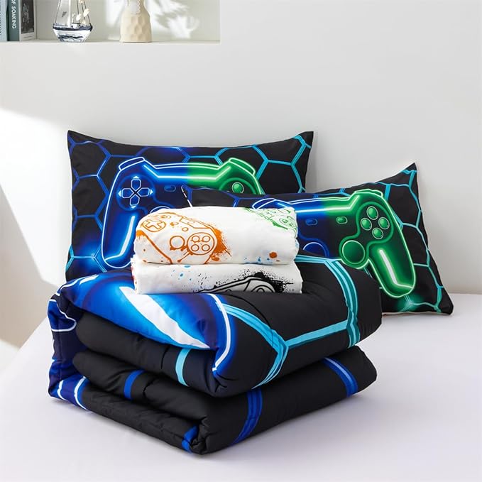 NTBED Game Console Comforter Set for Boys Girls Kids Geometric Lightweight Microfiber Bedding Sets (Blue Green, Full 5Pcs)