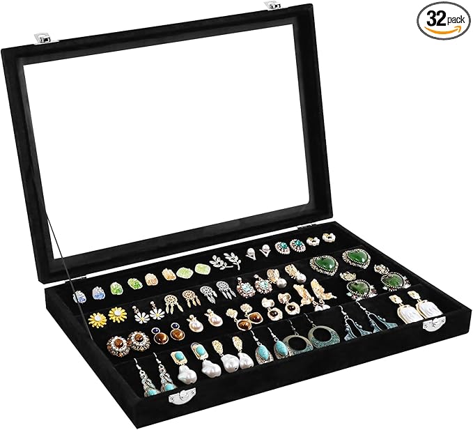 Wudygirl Earring Organizer Tray Jewelry Organizer 32 Pairs Earring Box Organizer Black Velvet Jewelry Display Case with Transparent Lid(Black Earring Storage)