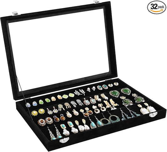 Wudygirl Earring Organizer Tray Jewelry Organizer 32 Pairs Earring Box Organizer Black Velvet Jewelry Display Case with Transparent Lid(Black Earring Storage)