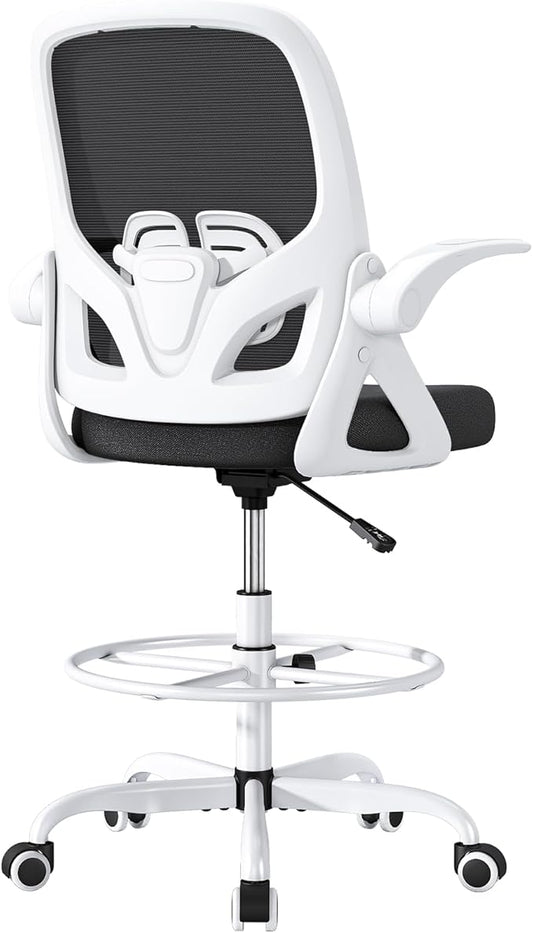 Tall Drafting Chair with Lumbar Support and Footrest Ring, Supportive Tall Extended Height Ergonomic Desk Chair for Home Work, Breathable Mesh Office Chair with Flip up Arms(White)