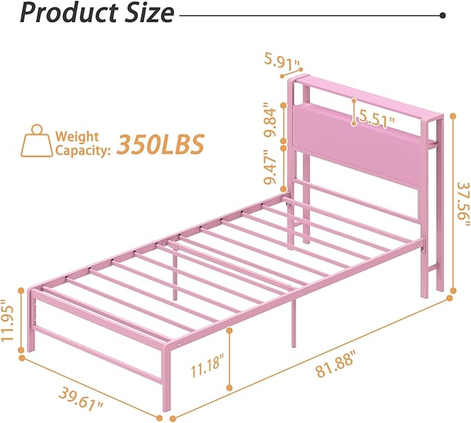 Weehom Twin Bed Frames for Kids with 2 Tiers Wood Storage Shelves Headboard, Twin Size Bed No Box Spring Needed Easy Assembly Metal Platform for Girls and Adults, Pink