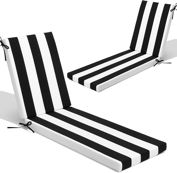 Crestlive Products Chaise Lounge Cushions Set of 2, Outdoor Cushions for Patio Furniture, Water Resistant Lounge Chair Cushion for Pool, Deck, Lawn, 72''L x 21''W, Black White Stripe