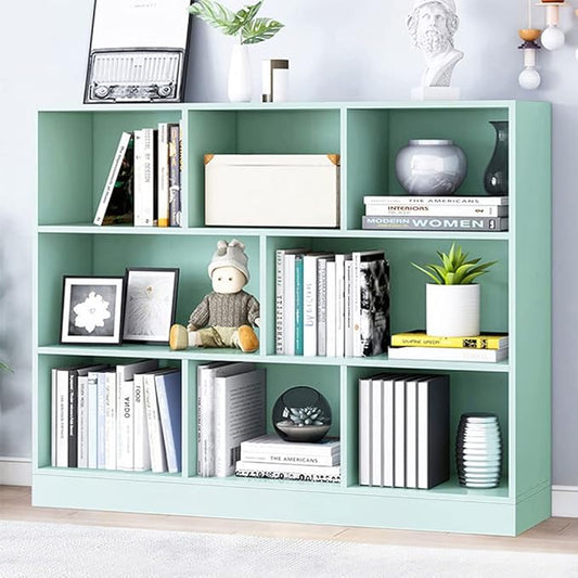 IOTXY Open Shelf Low Bookcase - Wooden 3-Tier Floor Standing Display Cabinet Organizer with Base, 8 Cubes Short Horizontal Bookshelf in Tiffany-Green