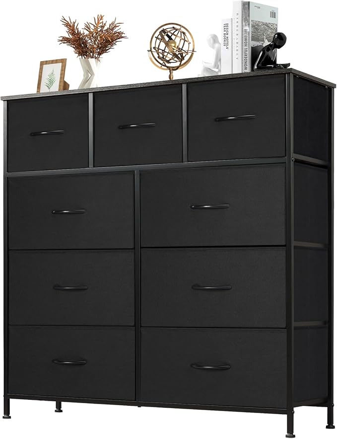 Sweetcrispy Dresser with 9 Drawers for Bedroom, Fabric Dresser Storage Tower, Chest of Drawers Organizer Unit, Storage Cabinet for Hallway, Closets, Steel Frame, Wood Top