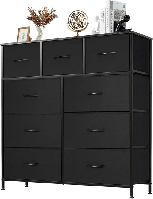 Sweetcrispy Dresser with 9 Drawers for Bedroom, Fabric Dresser Storage Tower, Chest of Drawers Organizer Unit, Storage Cabinet for Hallway, Closets, Steel Frame, Wood Top
