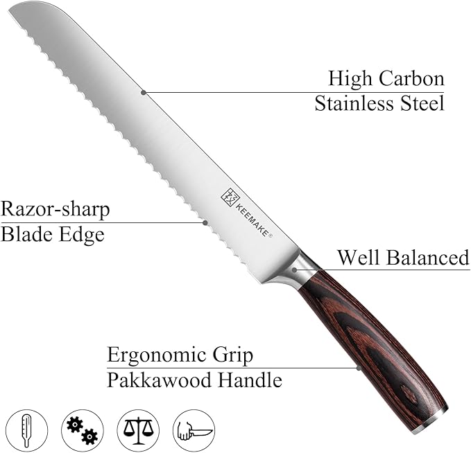 KEEMAKE Bread Knife for Homemade Bread, 8" Sourdough Bread Knife Serrated with Ultra Sharp High Carbon Stainless Steel Blade, Cutting Slicer for Bread Cake Fruit, Ergonomic Handle, Gift Box Included