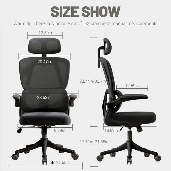 Ergonomic Office Chair Computer Desk Chairs with Flip-up Armrests and Lumbar Support, High Back Mesh Gaming Chairs Rolling Work Swivel Task Chairs with Adjustable Headrest