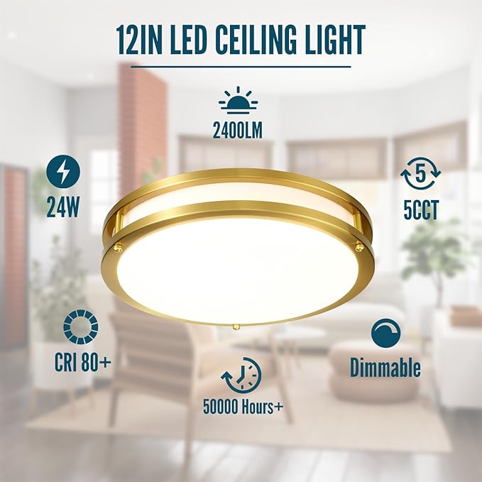 Gold Ceiling Light Fixture 24W, 12 inch LED Flush Mount Ceiling Light for Bedroom, Kitchen, Bathroom, Dimmable Close to Ceiling Light Fixture for Hallway 5CCT…