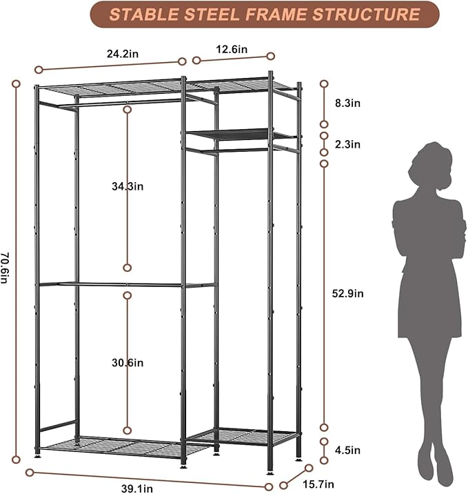 Portable Closets for Hanging Clothes, Freestanding Clothing Rack with 3 Hang Rods & 5 Shelves, Metal Wardrobe Garment Rack for Bedrooms Entrances