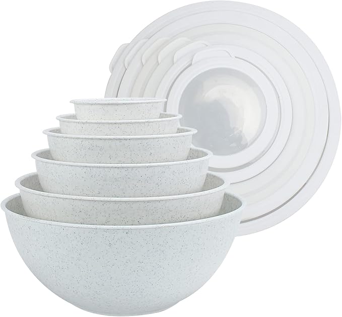 COOK WITH COLOR Mixing Bowls with TPR Lids - 12 Piece Plastic Nesting Bowls Set includes 6 Prep Bowls and 6 Lids, Microwave Safe Mixing Bowl Set (Speckled White)