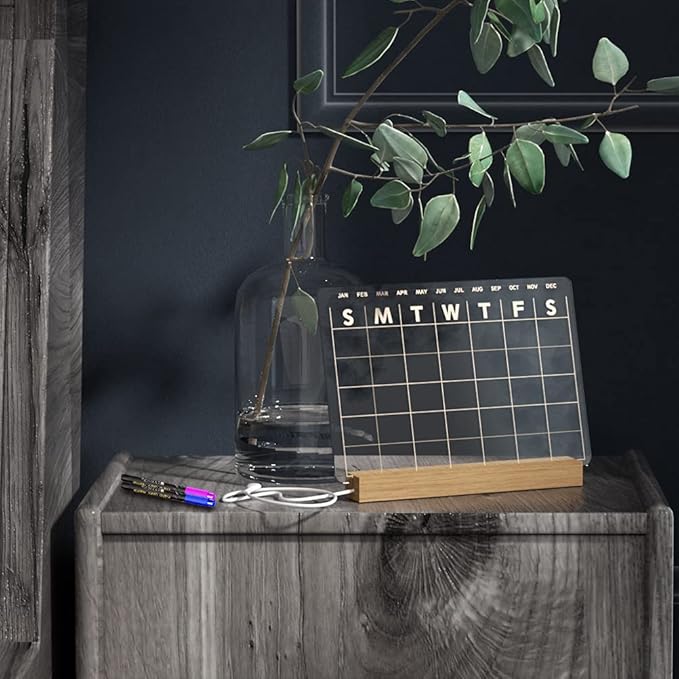 Light Up Clear Dry Erase Calendar 13 x 9 inch with 5 Markers, Acrylic Lighting Markable Calendar Board Agenda for Bedroom/Office/Home/Kitchen