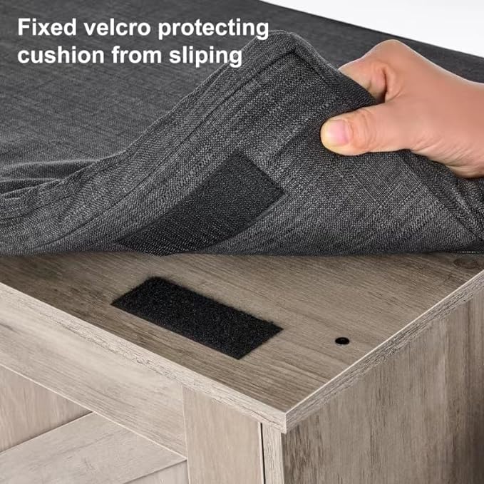 2-Tier Storage Bench, Shoe Bench with Padded Seat Cushion, Entryway Bench with 2 Barn Doors, Adjustable Shelf, 13.8" D x 27.6" W x 17.7" H, for Entryway, Living Room, Bedroom, Greige