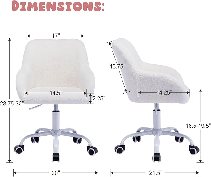 LukeAlon Kids Adjustable Desk Chair, Sherpa Study Chair with Swivel Base Upholstered Cute Reading Chair Comfy with Arms for Girls Children, White