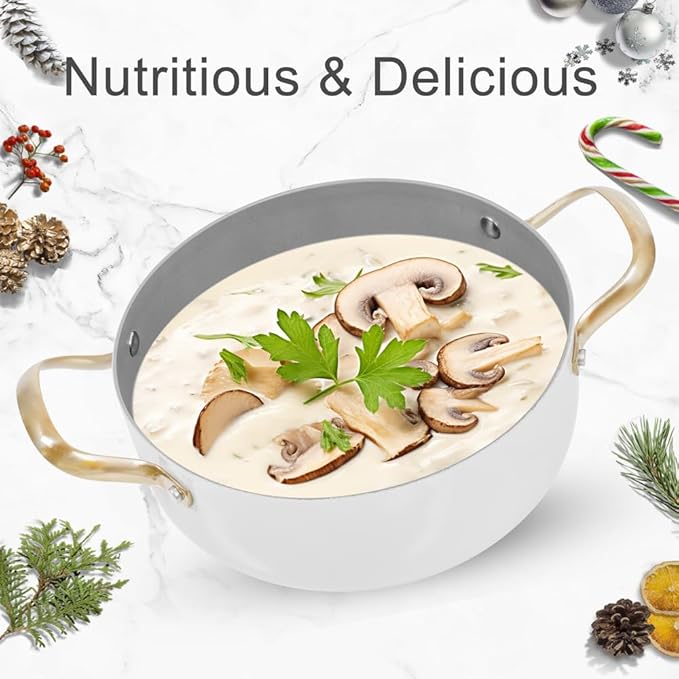 AUDANNE Nonstick Pots and Pans Set 9 Pieces, Non Stick Kitchen Cookware, Cooking Skillets Include Frying Pan with Lid, Saucepan, Casserole, Spoon, Turner Spatula, PFOA Free for Induction, White & Gold