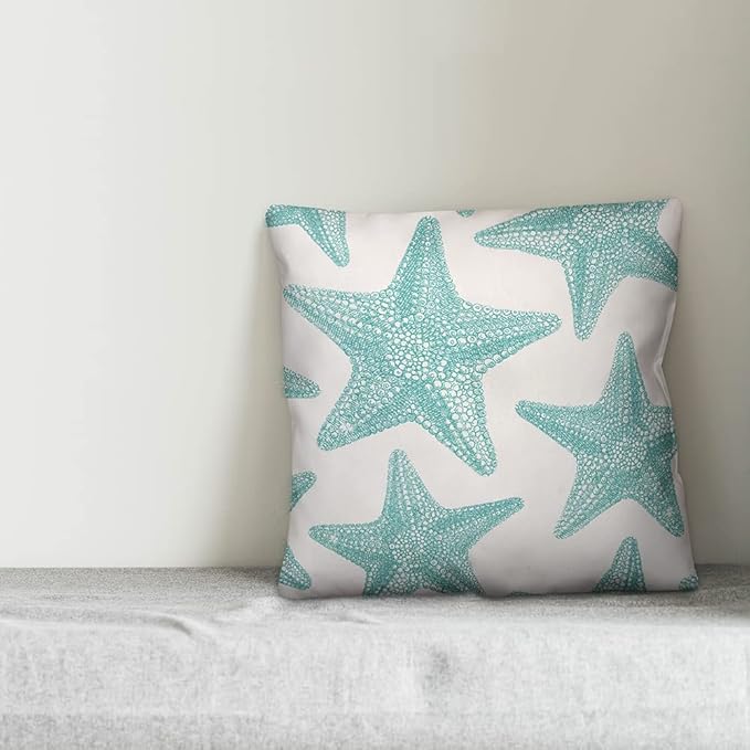 Teal Starfish Indoor/Outdoor Pillow | Decorative Pillows for Living Room Couch Bed Sofa Patio, Fluffy Soft Cushion | Water Resistant Teal, 18x18