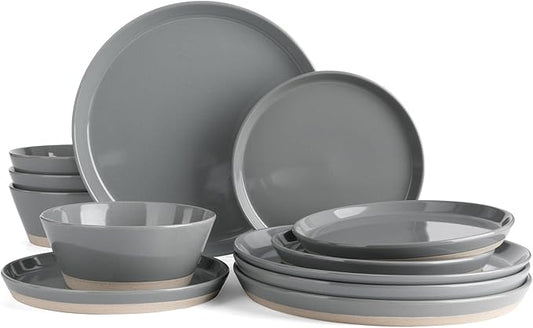 Famiware Saturn Speckled Dinnerware Sets for 4 (12 Pieces), Stoneware Plates and Bowls Dish Set - Chip and Scratch Resistant, Microwave and Dishwasher Safe, Dark Gray