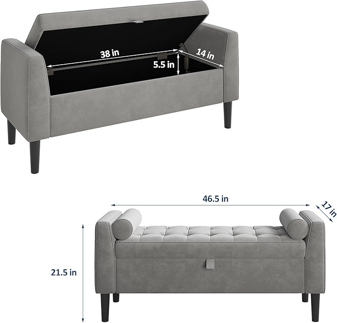 46.5" Storage Ottoman Bench – Upholstered End-of-Bed Storage Chest with Rolled Armrests & Wood Legs, Entryway Shoe Bench and Footrest Seat for Hallway, Bedroom & Living Room& Walk-in Closet (Gray)