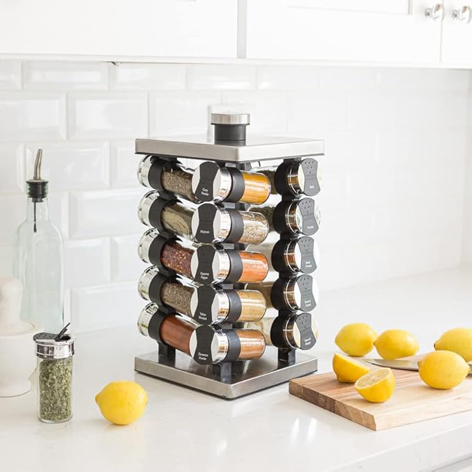 Orii 20 Jar Spice Rack with Spices Included - Tower Organizer for Kitchen Spices and Seasonings, (Silver Black)