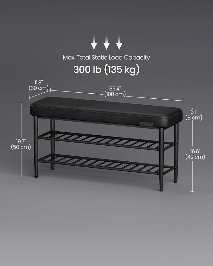 VASAGLE EKHO Collection - Shoe Rack Bench, Storage Bench for Entryway, Synthetic Leather with Stitching, Mid-Century Modern, Loads 300 lb, 11.8 x 39.4 x 19.7 Inches, Ink Black ULSB113B01