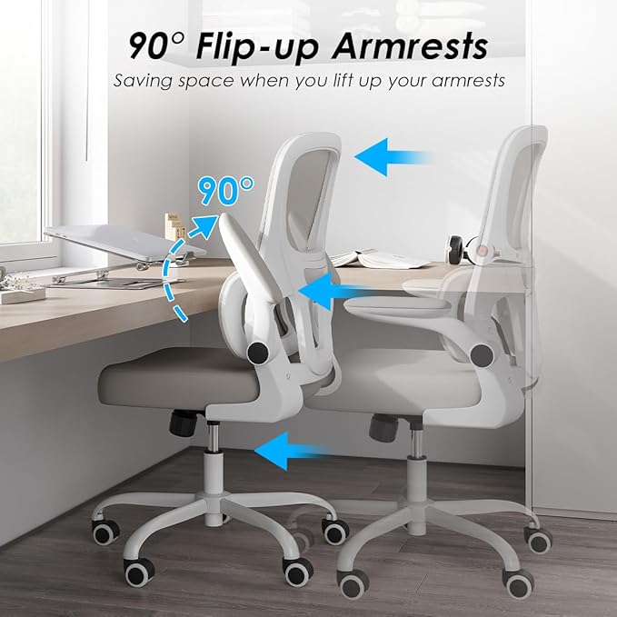 Soohow Office Chair, Mesh Ergonomic Office Chair with Lumbar Support, Comfy Computer Desk Chair with Flip Armrest Rolling Wheels for Home Study Room Office, White & Khaki