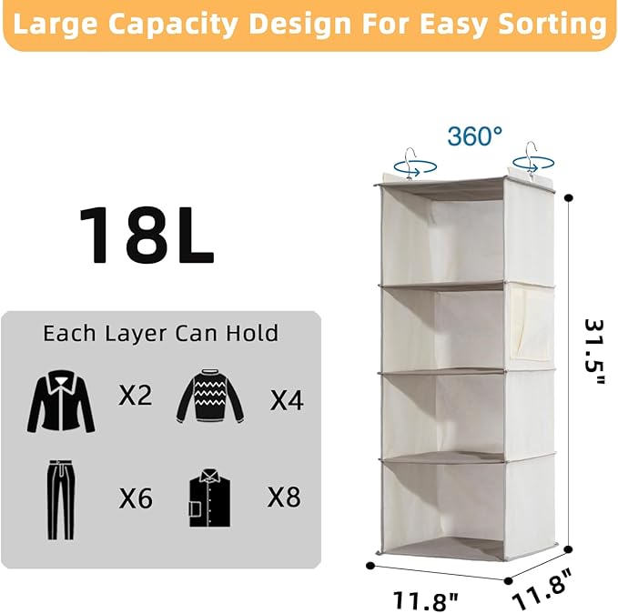 4-Shelf Hanging Closet Organizer and Storage, Collapsible Hanging Shelves for Closet with 2 Side Pockets, Hanging Shoe Organizer to Saving Space,Beige