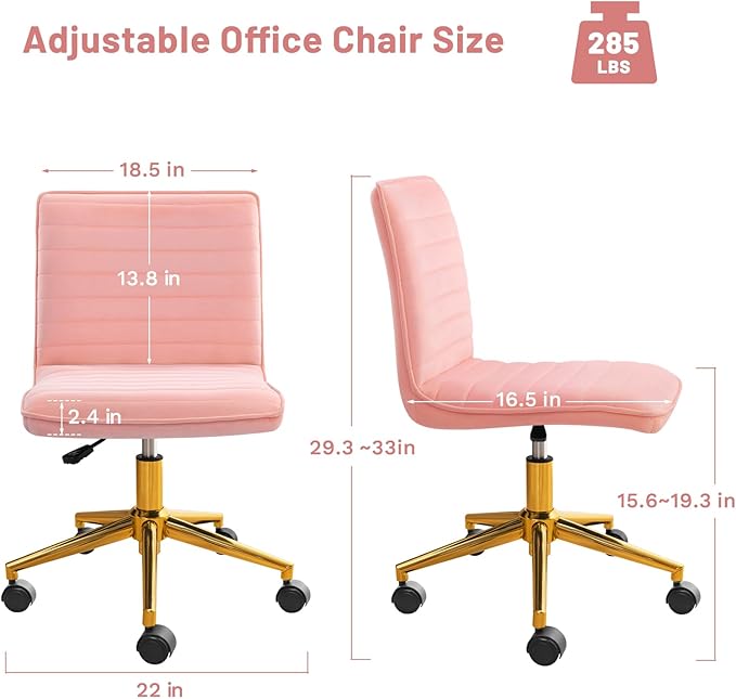 Furniliving Armless Vanity Chair with Wheels, Computer Rolling Desk Chair with Back, Height Adjustable Soft Velvet Fabic Gold Metal Base Stool,Pink