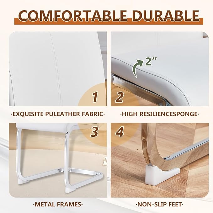 63'' Glass Dining Table Set for 4, Kitchen Table Chairs Set of 4, Clear Glass Dining Table with White unique design Leg and Silver Metal Base, 4 PU Dining Chairs with Metal Legs, Living Room, Kitchen.