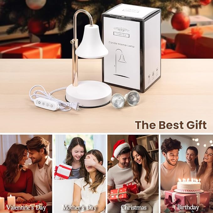 Candle Warmer Lamp White, Height Adjustable Candle Lamp Warmer with Timer, Dimmable Electric Wax Melt Warmer for Jar Candles, House Warming Gifts New Home Decor